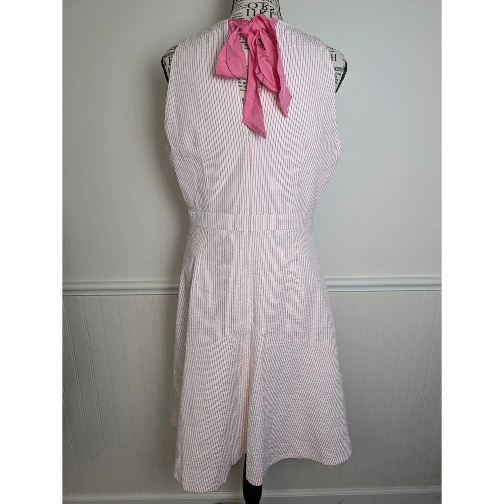 J. Crew Pink and White Seersucker Dress Fit & Flare Bow Back Lined Cotton Size 8